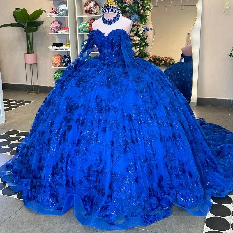 Royal Blue Shiny Off Shoulder Quinceanera Dresses Ball Gown Classic Applique Lace Flower Tull Sweet 16 Dress Vestidos 15 De Anos