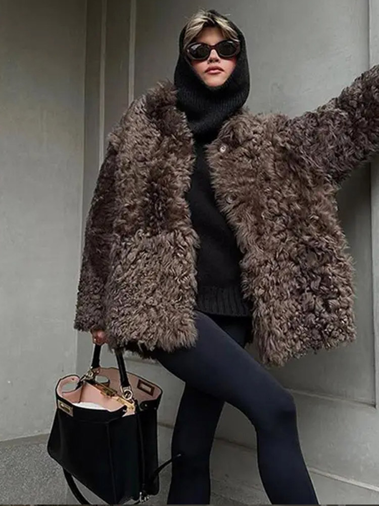 Retro Fluffy Faux Fur Coat Women Casual Single-Breasted Lapel Khaki Jacket Coats Female Autumn Warm Loose Chic Street Outwear