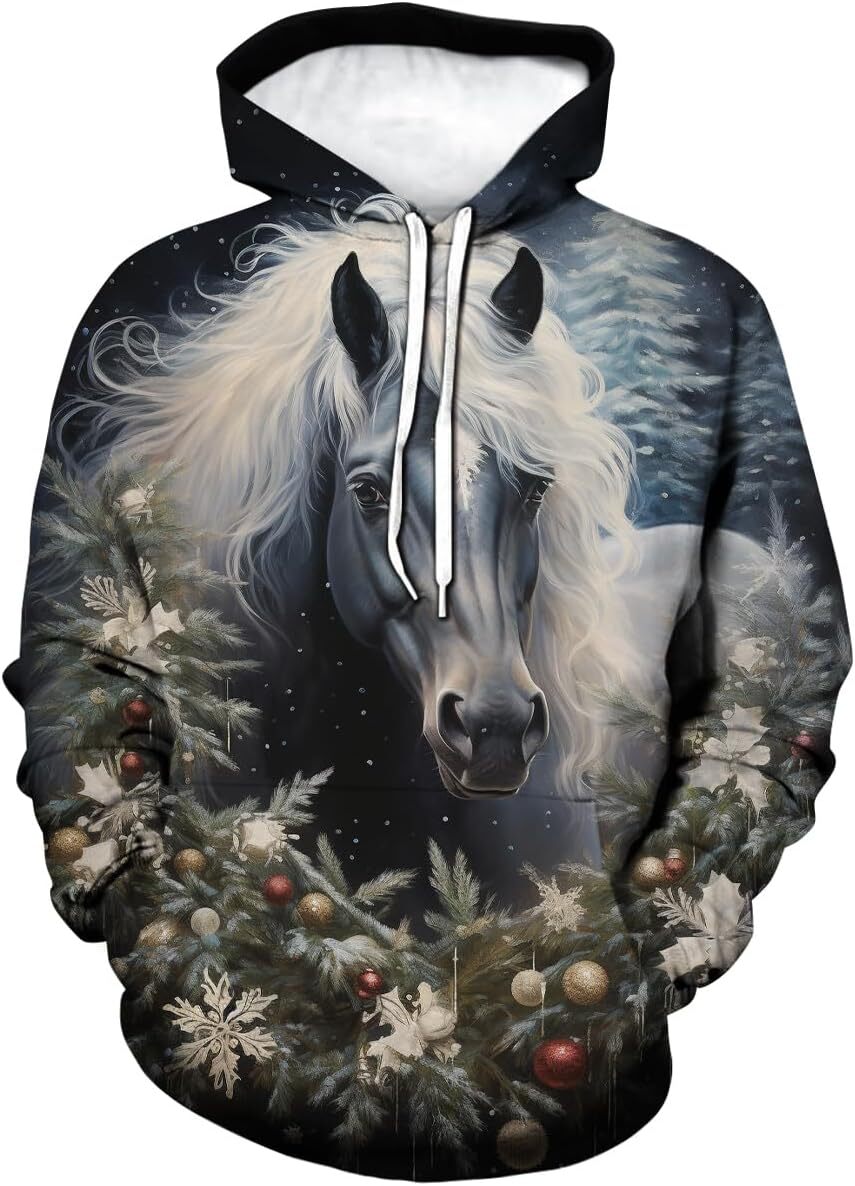 Hoodie for Mens Womens Unisex Christmas Horse Graphic Hoodies Sweatshirts Fashion Casual Pocket Pullover Graphic Hoodies sweatshirt Pullover Long Slee