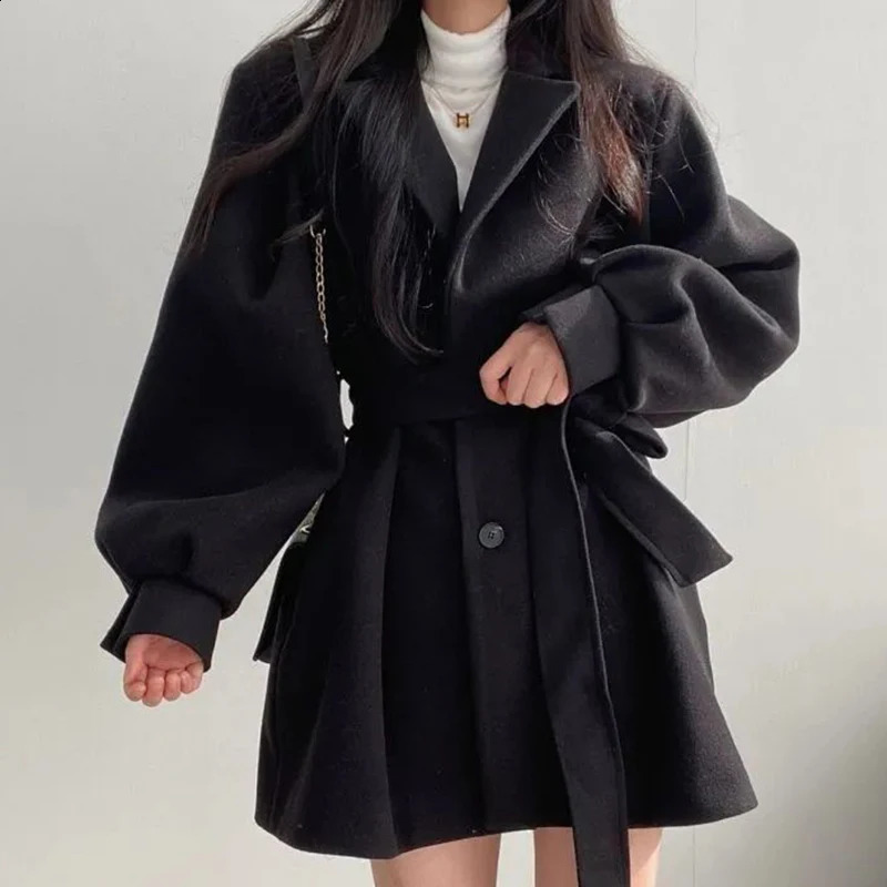 HELIAR Women Lace-up Trench Coat With Pockets Woolen Turn-down Collar Buttons Long Sleeve TRAF Coat Overcoat Women Fall Winter 240919