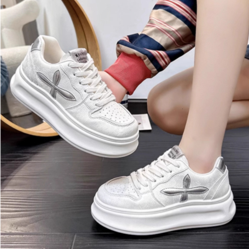 Ddmybear Soft Leather Thick White For Women Spring Cross Flower Versatile Round Sponge Sole Small Height Increasing Casual Board Shoes Chinese Brand S