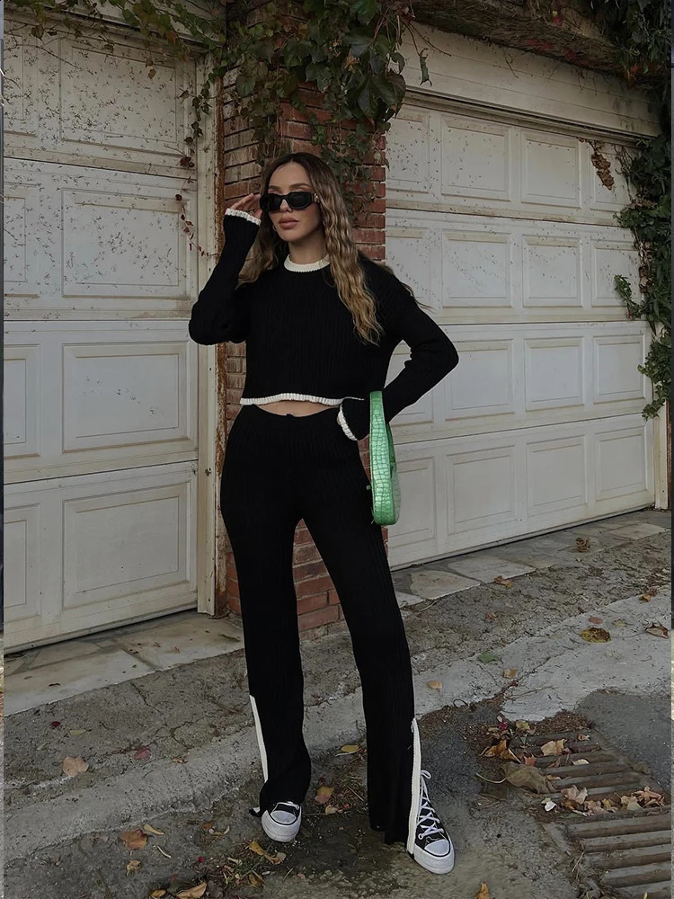 Deioao Knitted Sexy Women 2-Piece Autumn Umbilical Long Sleeve O-Neck Sweater Bodycon High Waist Split Pants Casual Body 240920