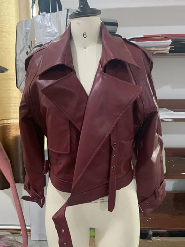 Casual Street Leather Jacket Women Solid Lapel Long Sleeved Belt Crop Female Coats Autumn Y2k Fashion Loose Pu Outwear Lady