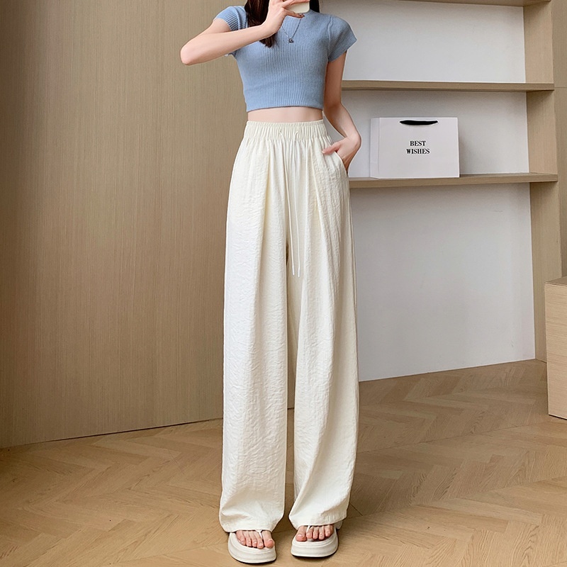 Naifushan women's spring/summer 2024 new high waisted, short stature vinegar straight lazy style ice silk wide leg pants