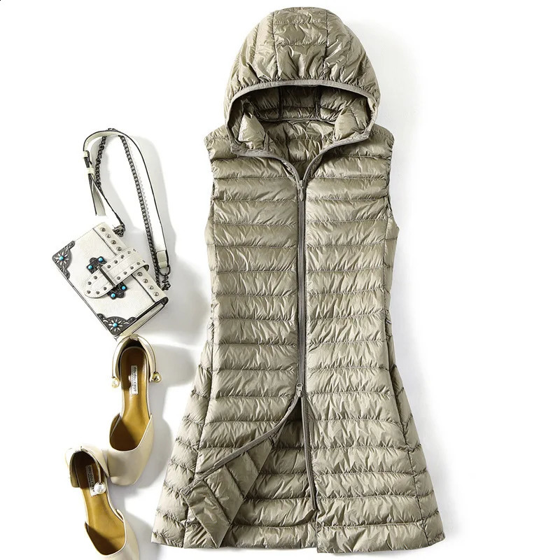 Womens ultra light white duck down vest ultra-thin sleeveless hooded jacket autumn womens long waist coat cushioning suit Parkas top 4XL 240925
