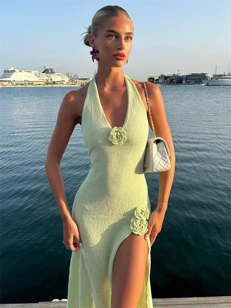 Tossy VNeck Floral Knit Long Dres Sexy Slim Backless High Waist Split Sleeveless Fashion Dress For Women Knitwear 240915