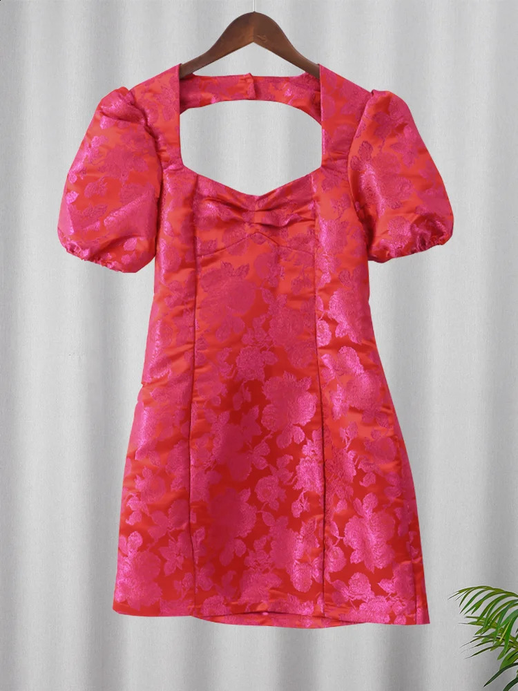 Sexy backless printed puff short bow flower mini dress for womens fashionable square neckline slim fit Vestido womens party club dress 240926