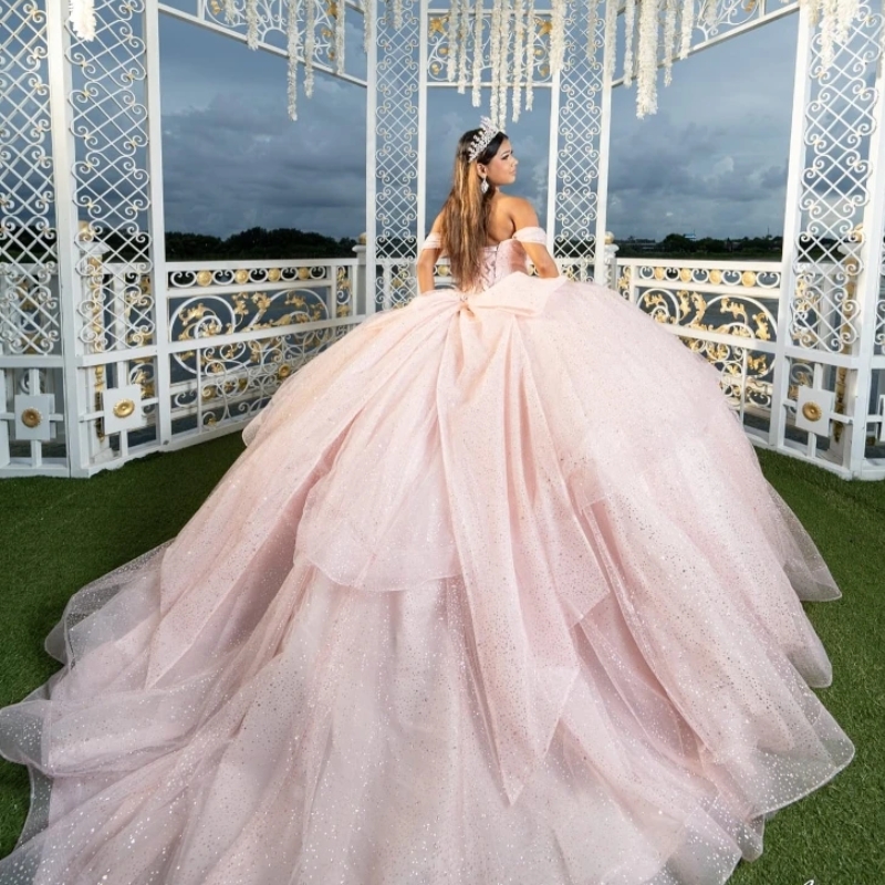 Pink Shiny Ball Gown Quinceanera Dresses Off The Shoulders Beads Crystal Bow Tull Sweet 16 Dress Corset Vestidos De 15 Anos