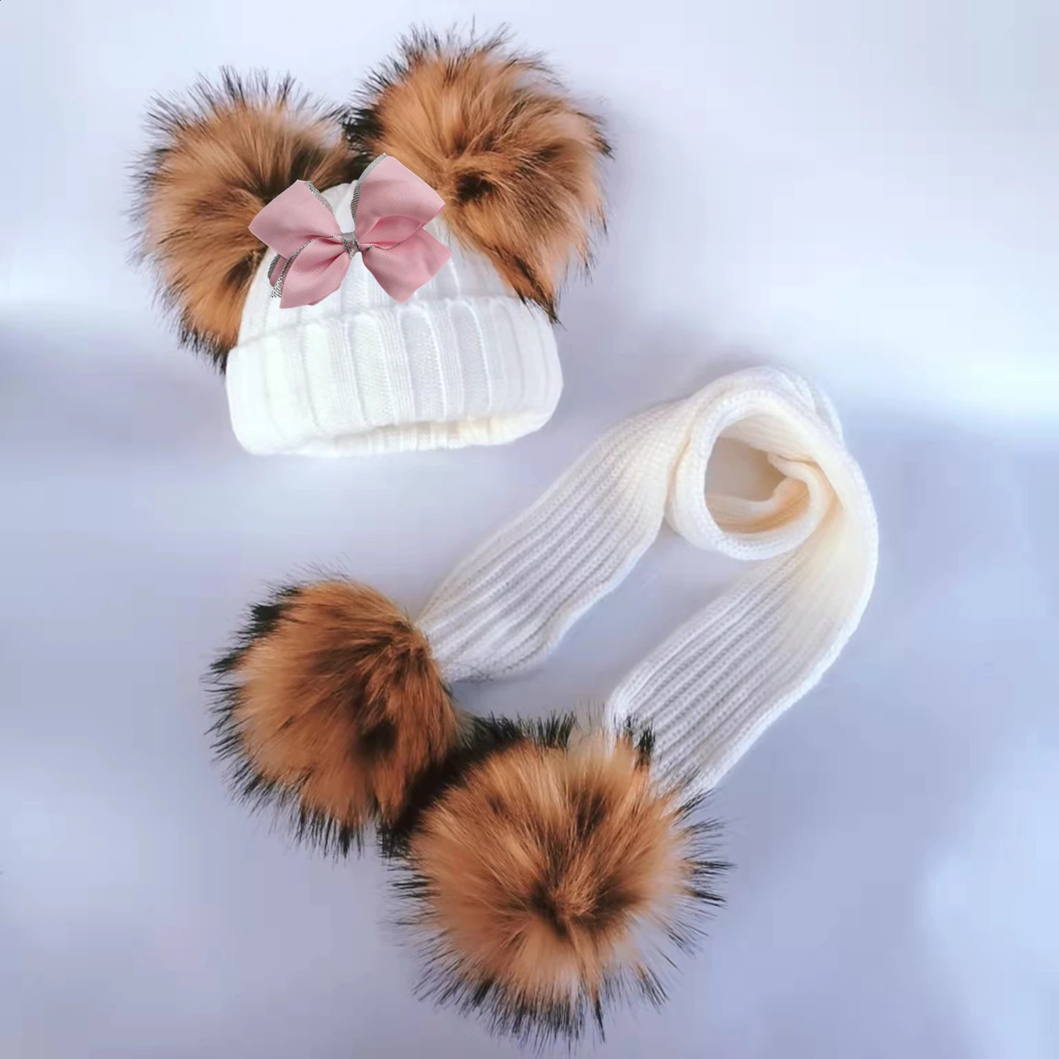 Winter children toddlers infants faux fur butterfly straps hats and bunnies with two double pom poms scarf girl ear caps 240925