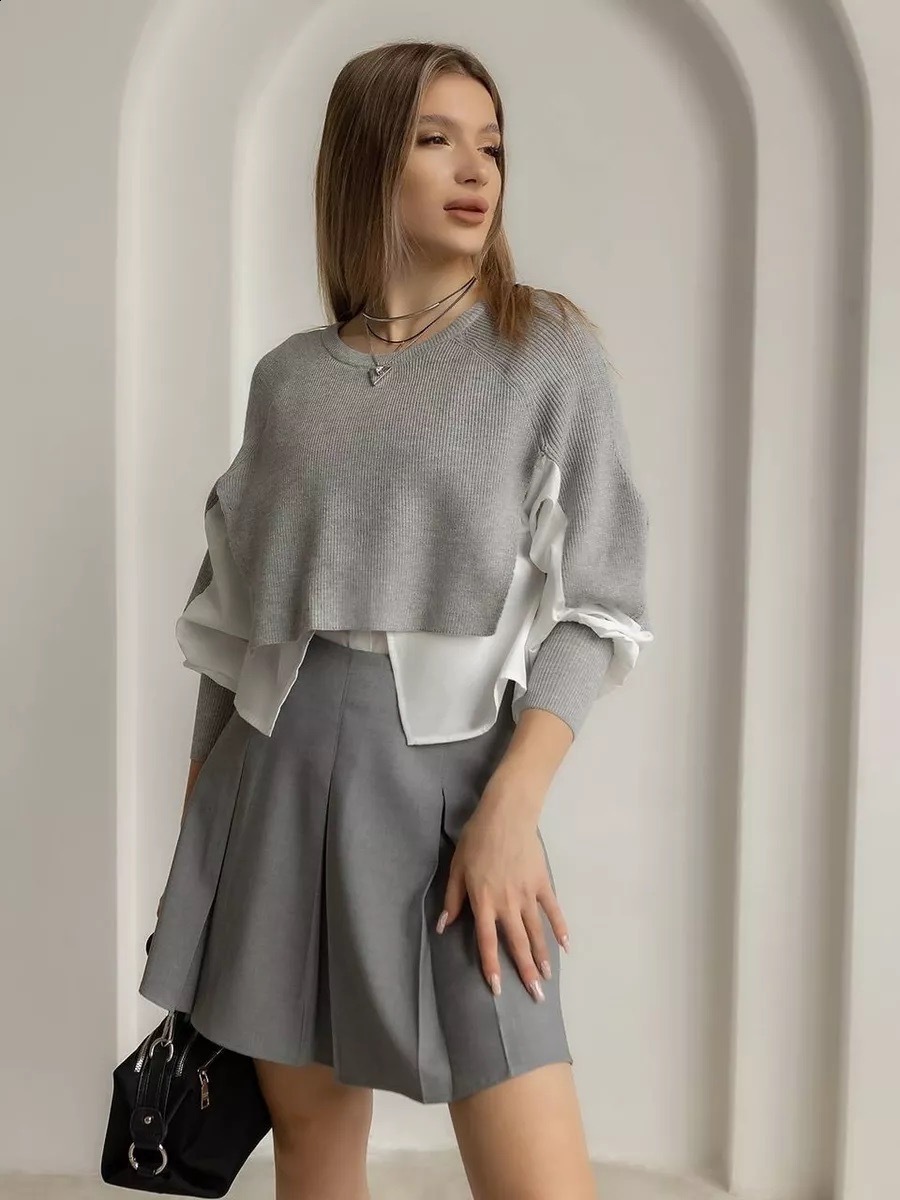 Autumn European Womens Sweater Splicing Shirt Two Piece Set Western Knitted Top 240926