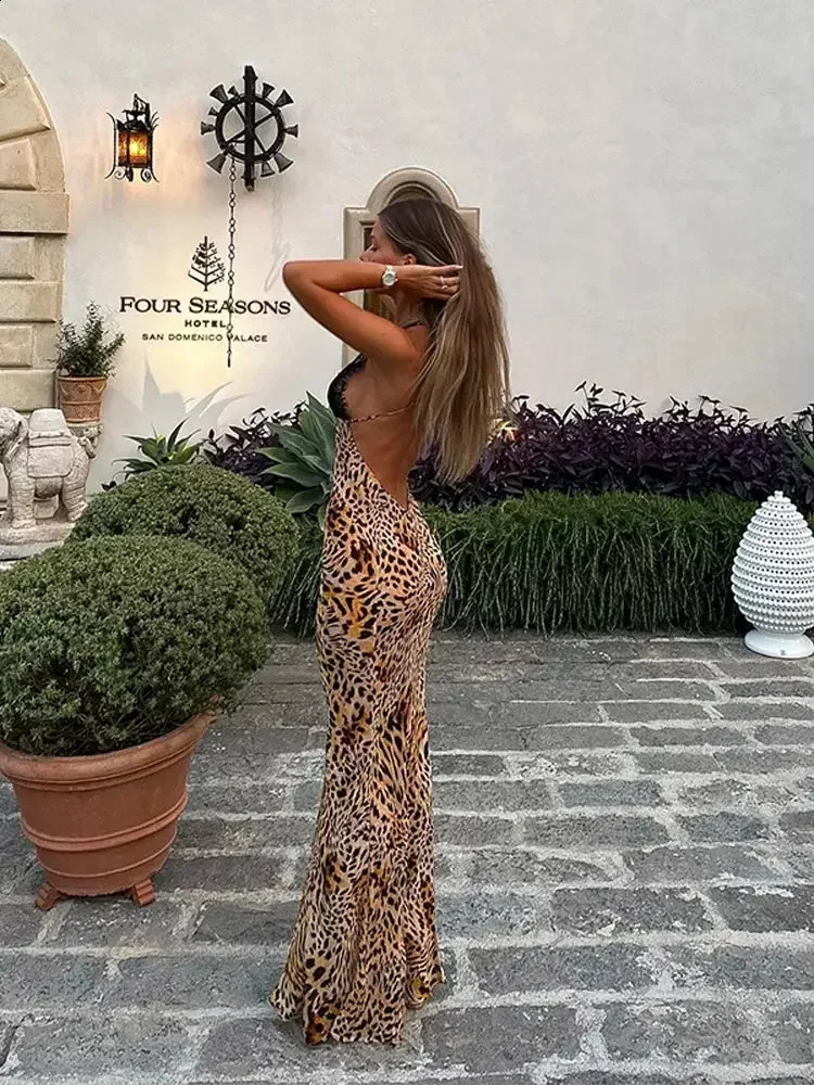 Sexy Leopard Lace Patchwork Maxi Halter Dress For Women Fashion Deep V Neck Backless Long Dresses 2024 Female Holiday Vestidos 240915
