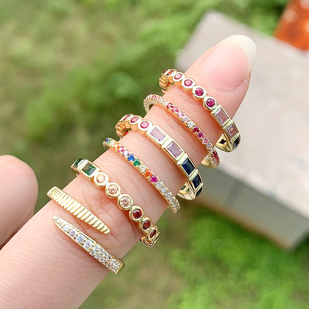 Geometric Rainbow CZ Gold Stacking Engagement Ring | Thin Cubic Zirconia Band