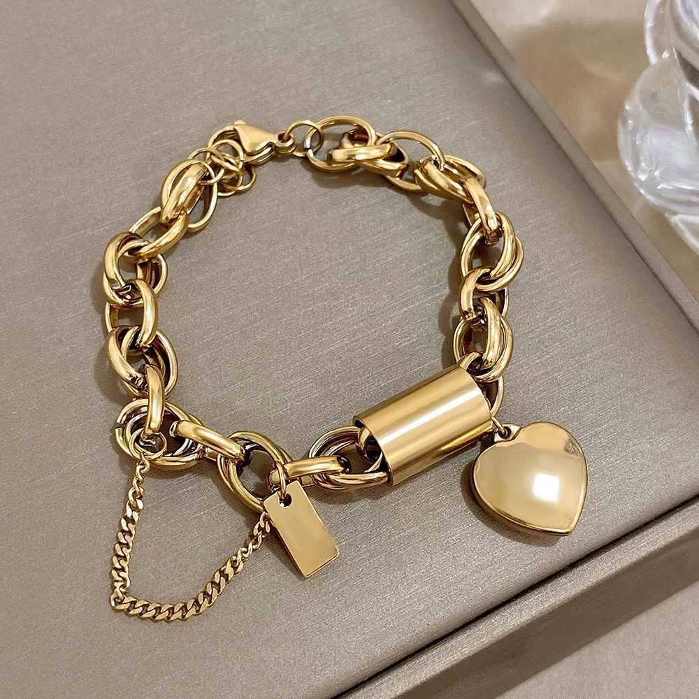 Heart Lock Stainless Steel Charm Bracelet Thick Plated Gold Chain Christmas Gift W250411