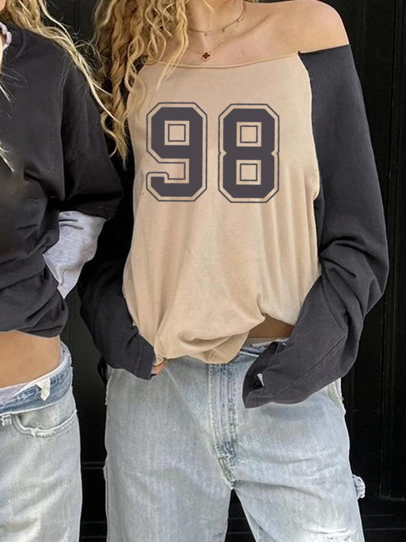 Rockmore Y2K Street Clothing Patch Work Digital Printing Long Sleeve Autumn Fashion Casual Oversized Top Retro Fashion Basic T-shirt 240926