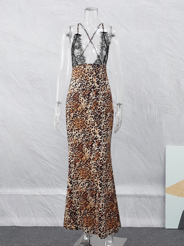 Sexy Leopard Lace Patchwork Maxi Halter Dress For Women Fashion Deep V Neck Backless Long Dresses 2024 Female Holiday Vestidos 240915