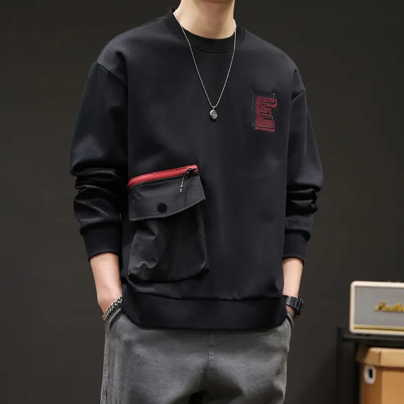 Men Trendy Simple Casual Embroidery Streetwear Sweatshirts Y2K O Neck Long Sleeve Loose Pocket All Match Pullover Tops Sudadera 240919