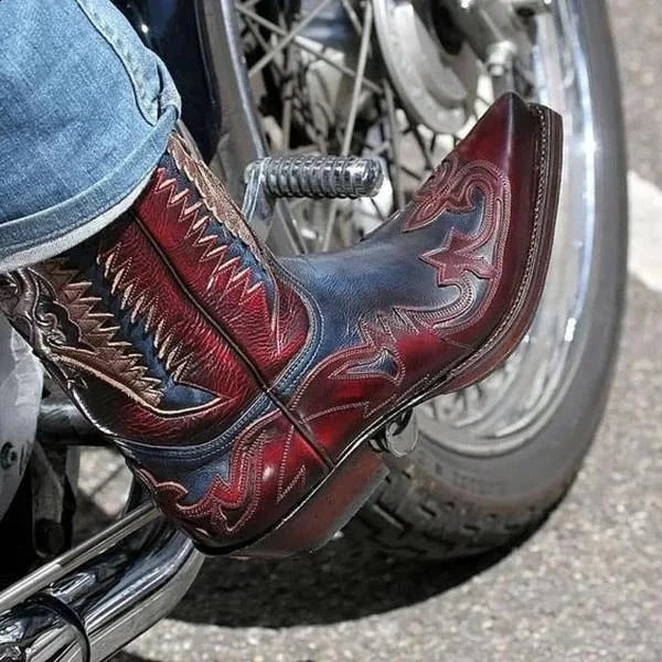 Chunky Heel Western Cowboy Men Boots Color Block Buckle Biker Botines Embroidered Chain Large Pointed Toe Mid-Calf Botas 240921