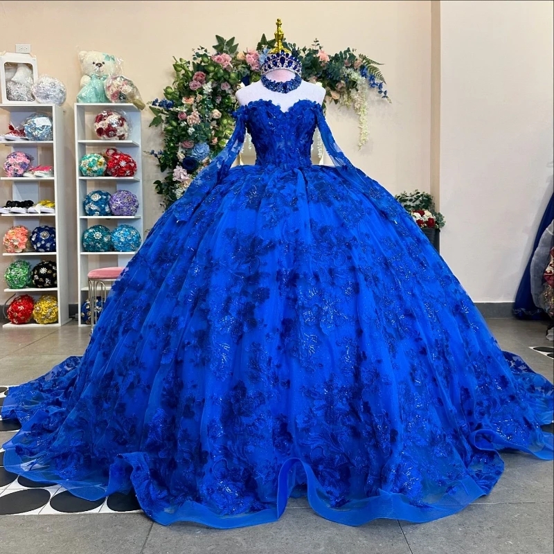 Royal Blue Shiny Off Shoulder Quinceanera Dresses Ball Gown Classic Applique Lace Flower Tull Sweet 16 Dress Vestidos 15 De Anos