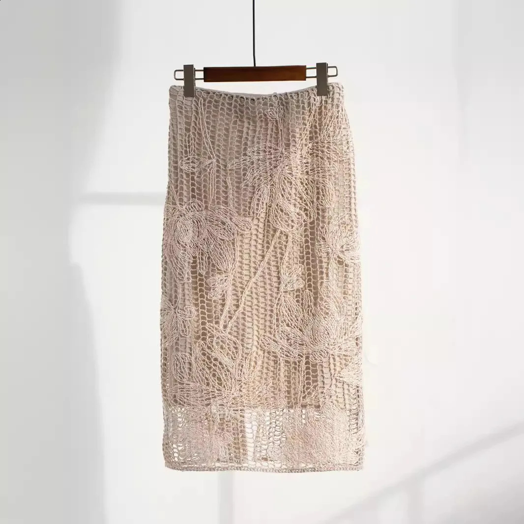Naizaiga 100 cotton apricot camel Flower sequins knitted straight skirt casual Joker skirt women BDB28 240919