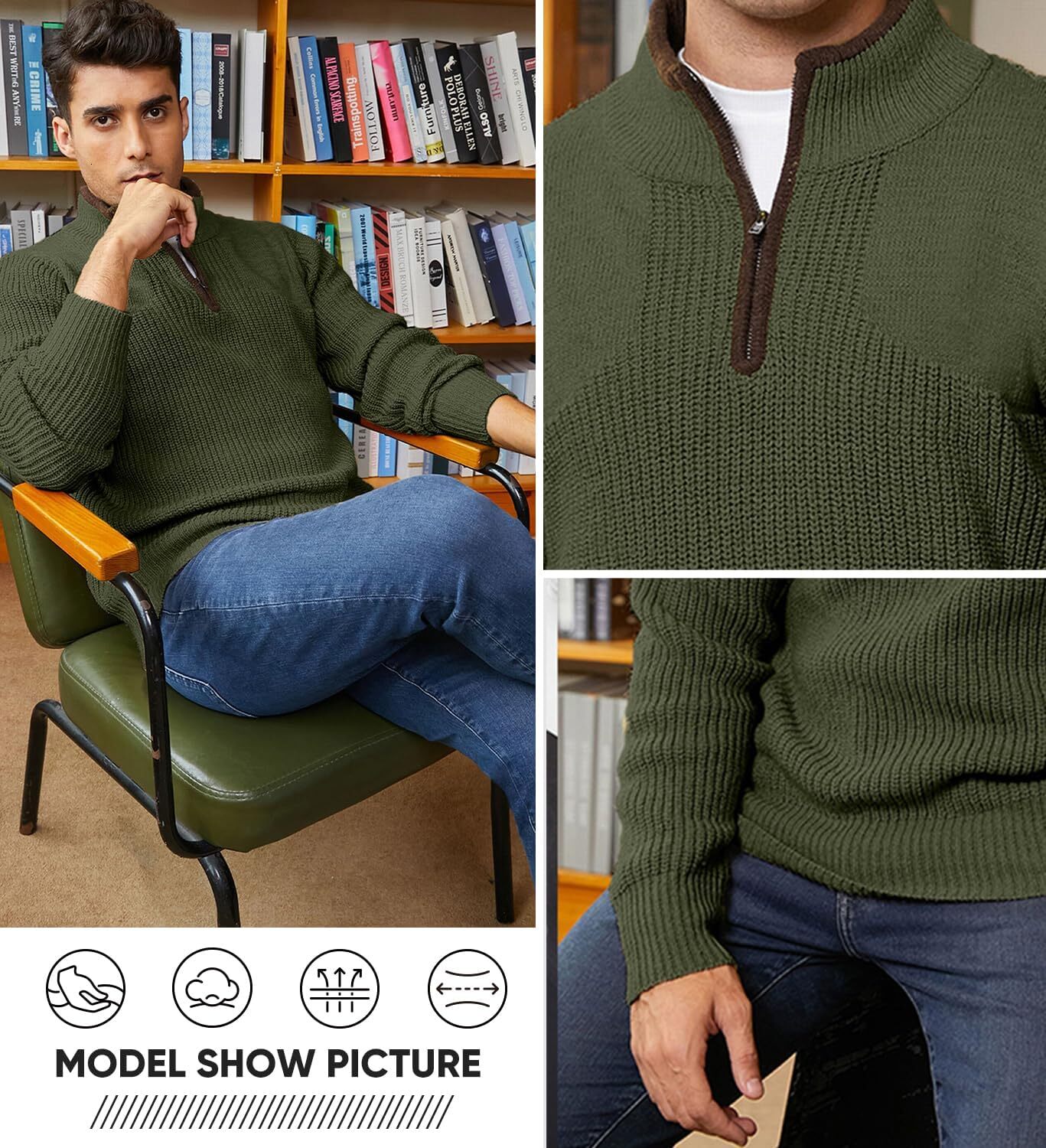 Men's quarter zipper sweater, lightweight enterprise collar casual long sleeved knitted solid color pullover sweater