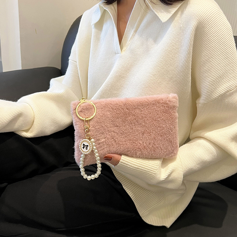 trend new designer wallet fur handbag small bag with phone key coin purse for girls portable wallet plush and fashionable wrist