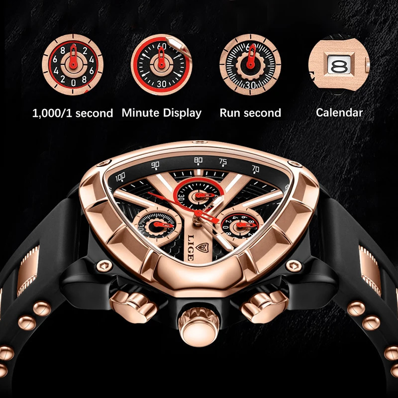 LIGE Fashion Men Watch Triangle Chronograph Military Wristwatch Sport Army Mens Watches Waterproof Quartz Clock Man Reloj 240919