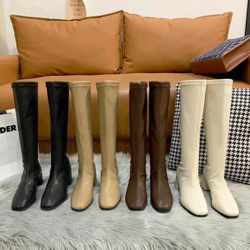 Womens low heel boots autumn and winter fashion thick heel knee high plush warm cross dressing white knight boots 240926
