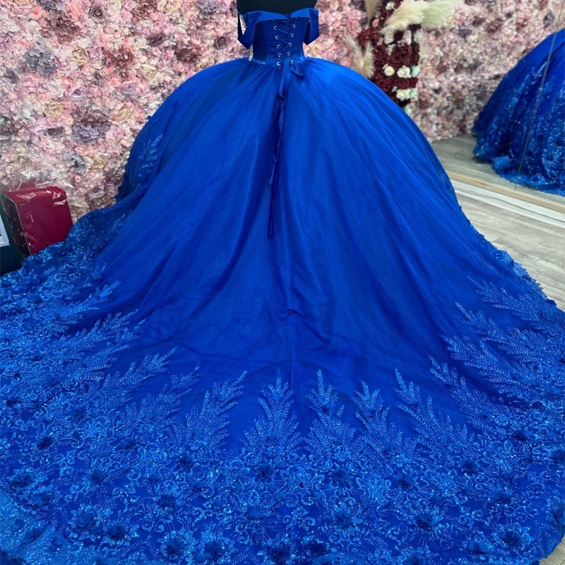 Royal Blue Sparkly Quinceanera Dresses Off The Shoulder Sequin Applique Beading Tull XV Sweet 16 Dress Ball Gown Vestidos De 15 Anos