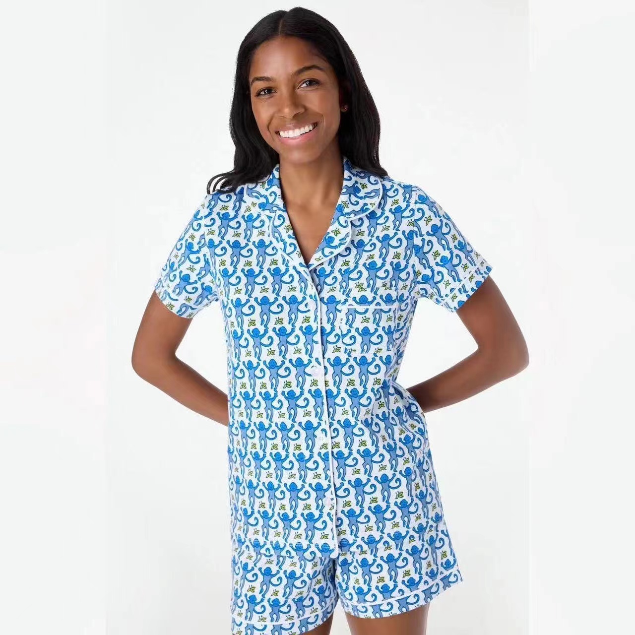 wholesale Summer girls sleepwear two piece pama set satin silk designers print pyjamas short pamas for women