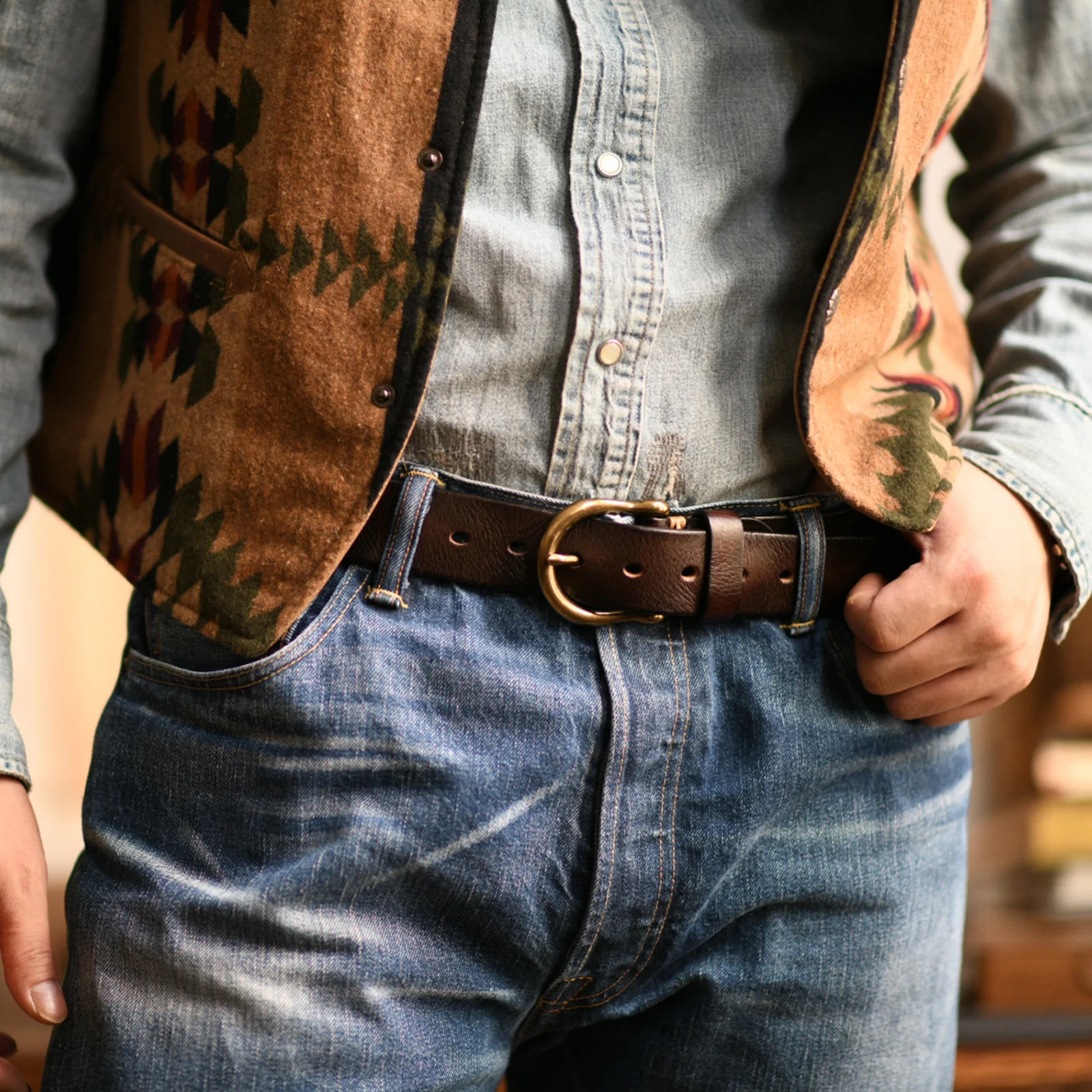 Handmade retro style pure copper horseshoe buckle unlined denim mens belt leather jeans mens belt 240925