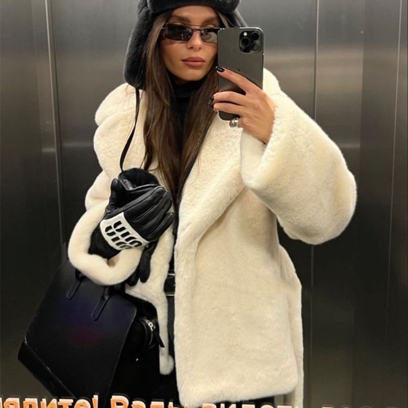 White Belted Faux Fur Coat Women Fluffy Lapel Collar Thick Warm Plush Jacket Chic Ladies Street Fashion Winter Overcoats Outfits