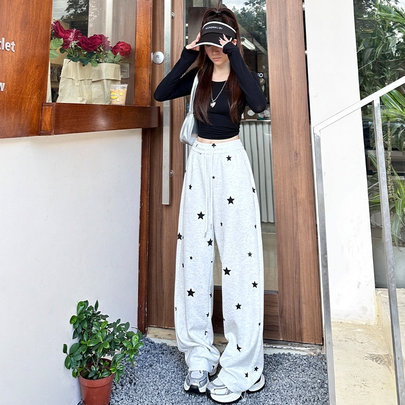 White wide women's bathroom autumn winter new item, printed star pants, high waisted loose and casual straight leg pants for walking