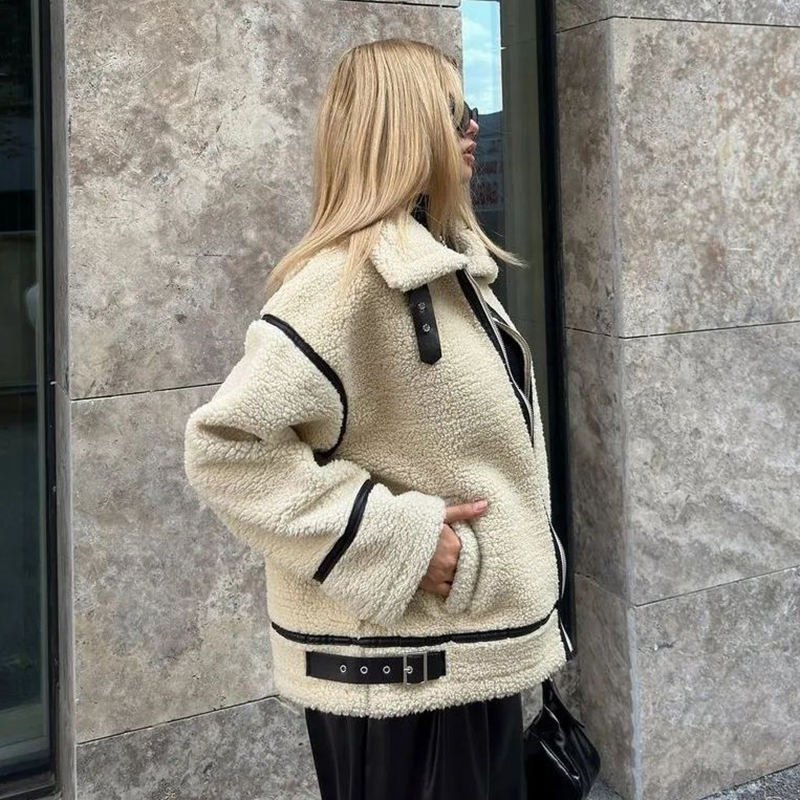 Brand Shearg Jackets Teddy Bear Fur Coat Women 2023 Autumn Winter Street Fashion Girls Motorcycle Bike Overcoats
