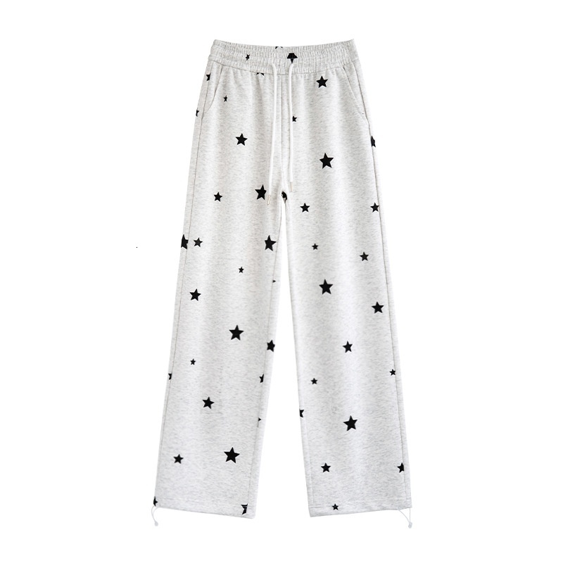 White wide women's bathroom autumn winter new item, printed star pants, high waisted loose and casual straight leg pants for walking