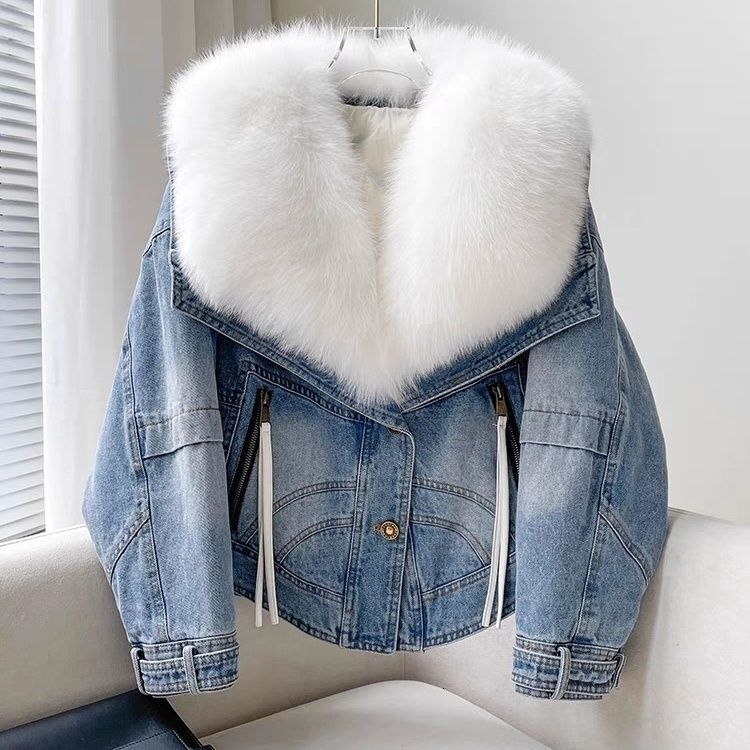 Detachable Collar Denim Coat Women Winter Parkas Fox Fur Short Down Jacket Female Outwear Fashion Long Sleeve Jeans Clothes R066