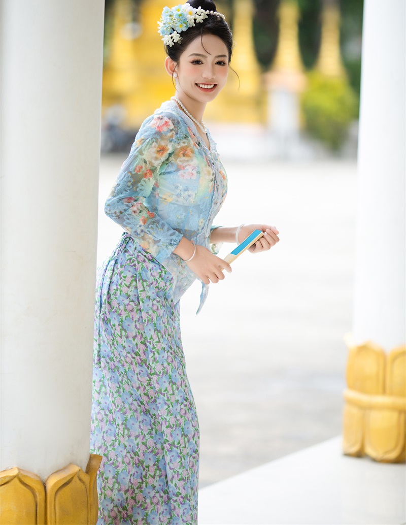 Singapore Little Nyonya Same Style Clothing Women Blue Floral Ethnic Travel Photography Dress Southeast Asian Trend Dai Top + Dress