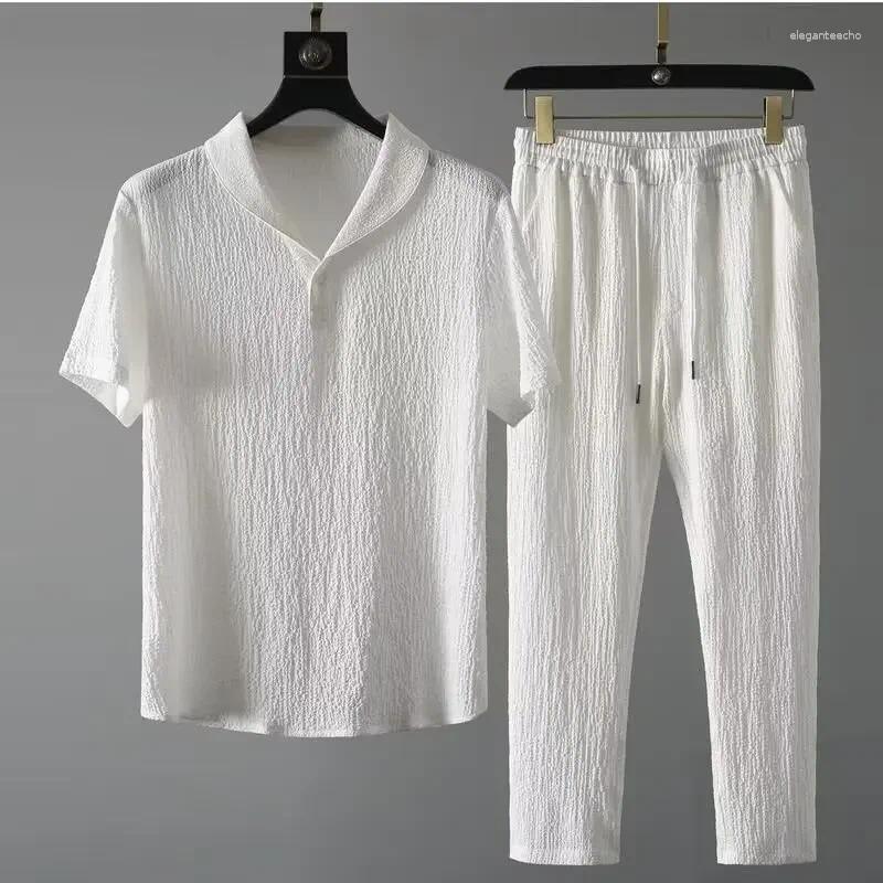 Men's Tracksuits Summer Ultra-thin Sleeveless Ice Silk Linen Suit Cotton Set Oversized Loose-fit Mid-sleeve T-shirt Sports Wear