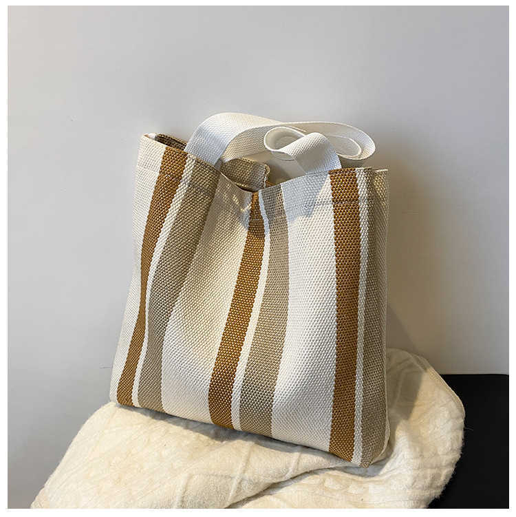 CMM Korean Canvas Shoulder Bag Autumn Winter New Artistic Stripe Large Capacity Student Tote Bag Fashion Shopping Bag