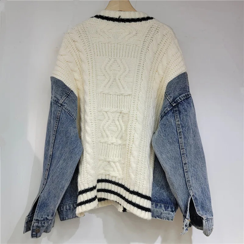 Fashion womens patch work denim pocket knitted striped cardigan autumn fashion Vneck long sleeved sweater 1LS022 240923