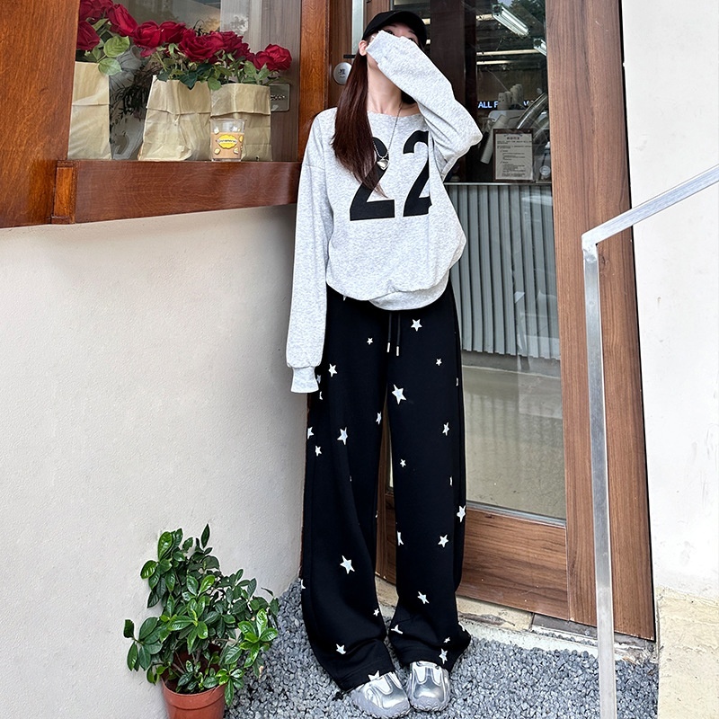 White wide women's bathroom autumn winter new item, printed star pants, high waisted loose and casual straight leg pants for walking