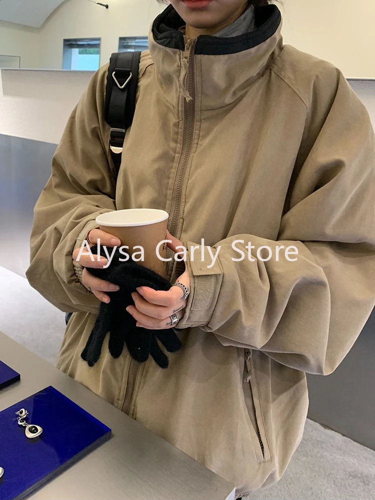 Casual High Street Parkas Women Winter Warm Korean Khaki Zipper Streetwear Coat Female Fashion Trend Vintage Outerwear 2024 240918