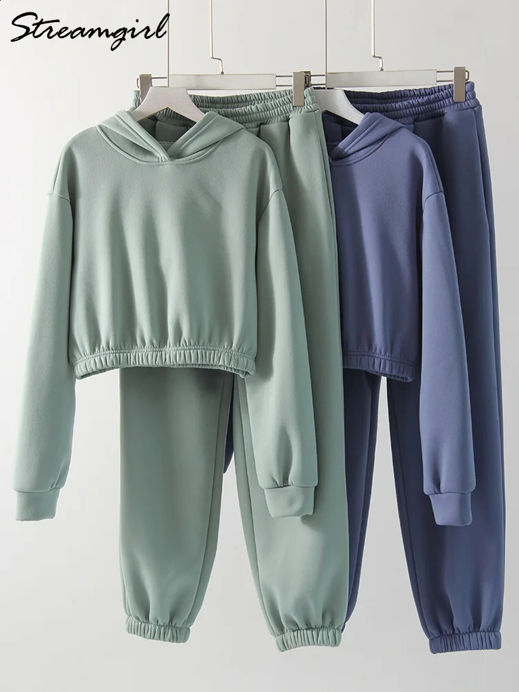 Thick Fleece Cropped Hoodie And Pants Set Women Autumn Warm Sweatpant 2 Piece Set Outfit Velvet Track Suit For Women Winter Blue 240918