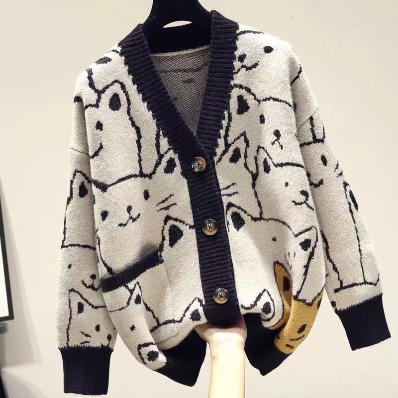 Designer women's clothing autumn and winter loose cardigan women's 2024 V-neck cartoon pattern cute sweet sweater casual knitwear