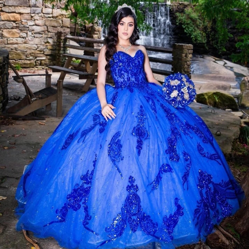 Royal Blue Ball Gown Quinceanera Dresses Princess Off The Shoulder Applique Beads Tulle Vestidos De 15 Anos Birthday Party Sweet 16 Dress