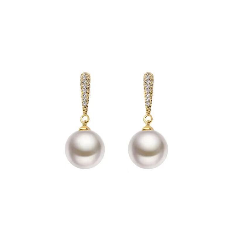 Elegant Designer Simulated White Ball Pearl Earrings for Women 18K Gold Silver CZ Crystal Pearl Drop Earring Wedding Jewelry Gift Accessory Wholesale 