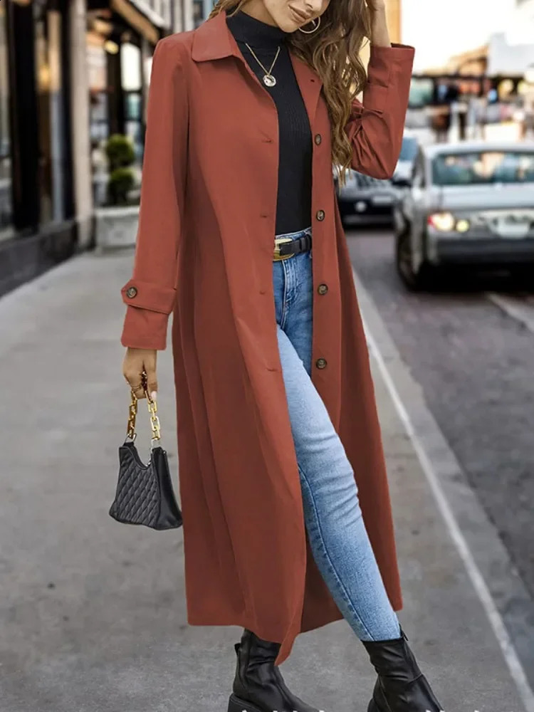 Krismile 2024 Autumn and Winter Fashion Womens Trench Coat Split-Joint Buttoned Loose Long Sleeves Lapel Trench Outerwear 240918
