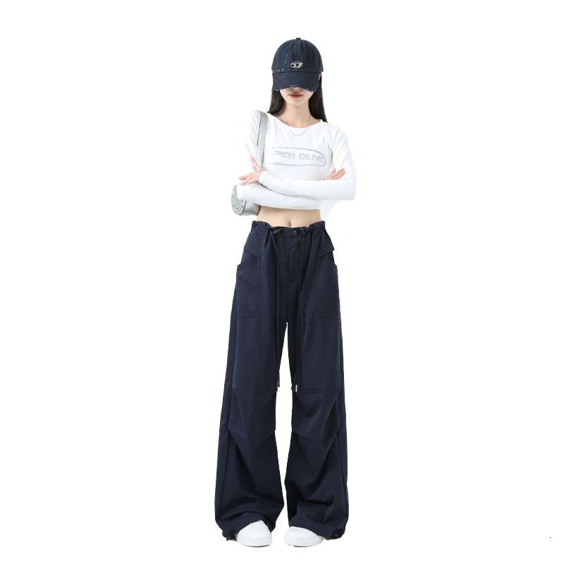 Blue American work women's summer thin 2024 new high waist slimming parachute quick drying casual wide leg pants