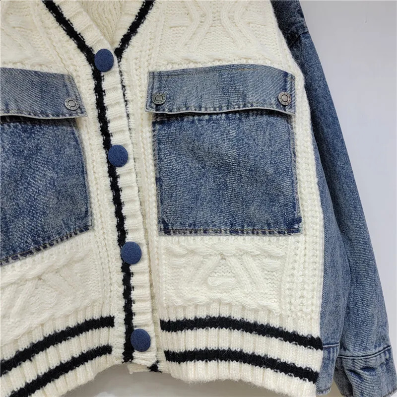 Fashion womens patch work denim pocket knitted striped cardigan autumn fashion Vneck long sleeved sweater 1LS022 240923