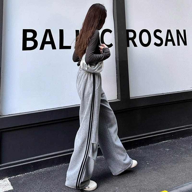 Sports women's drawstring ankle pants, 2024 autumn new product design sense, double bar striped American high street casual sweatpants