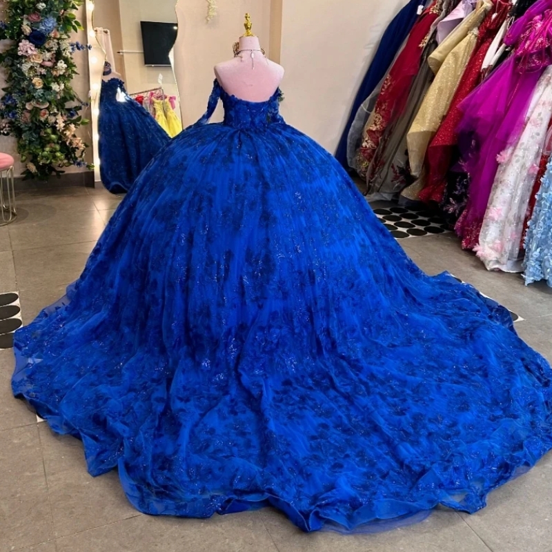 Royal Blue Shiny Off Shoulder Quinceanera Dresses Ball Gown Classic Applique Lace Flower Tull Sweet 16 Dress Vestidos 15 De Anos